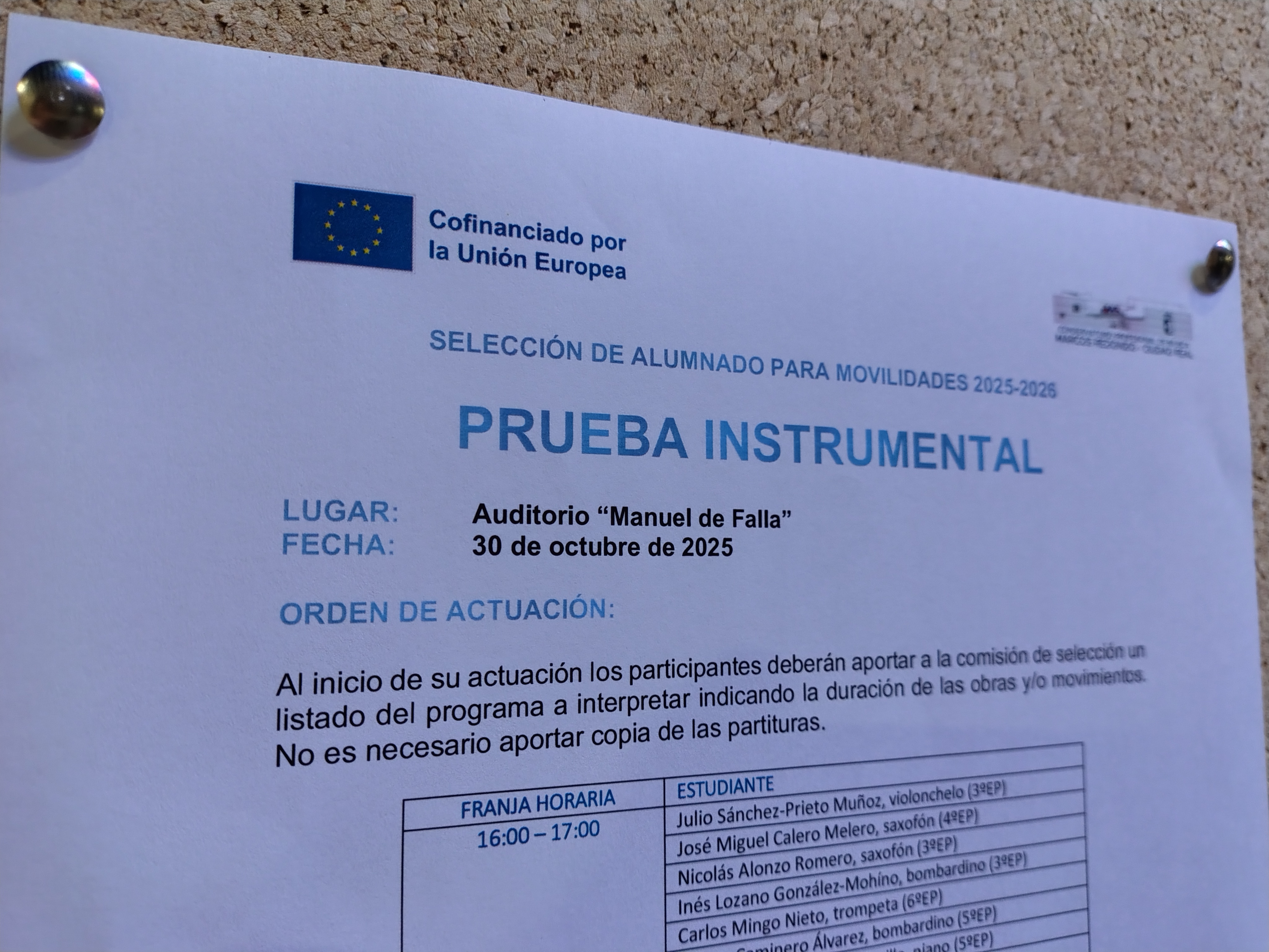 SELECCIÓN ALUMNADO – Orden de actuación prueba instrumental