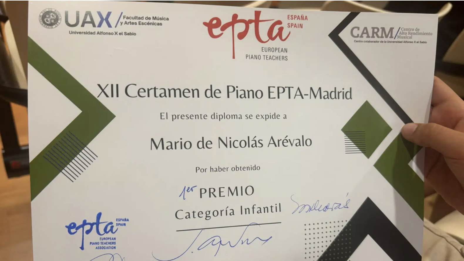 Mario de Nicolás Arévalo, primer premio del Certamen de Piano EPTA Madrid